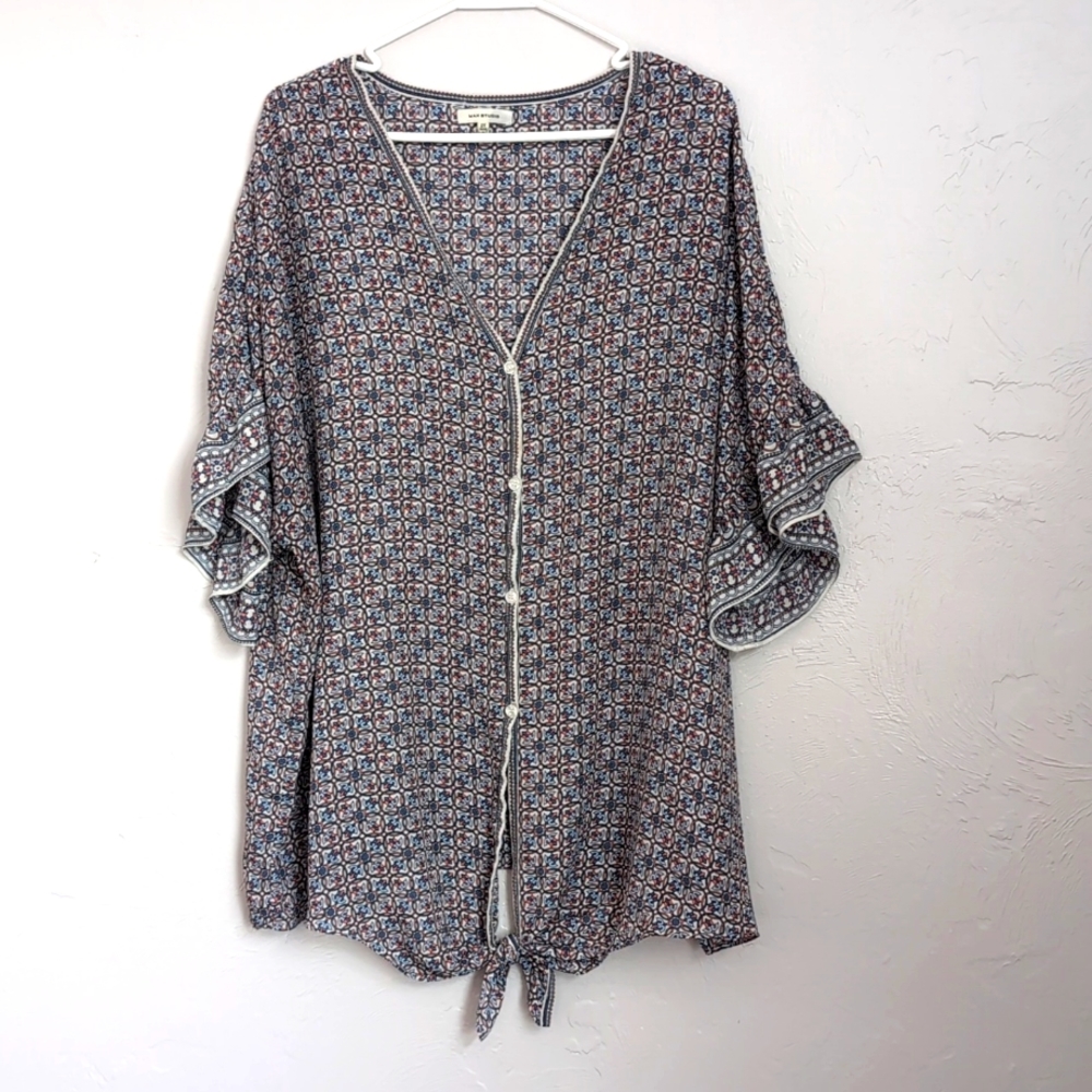 Max Studio Women's Ruffle Sleeve Button Up Tie Front Blouse Top Size 2XL